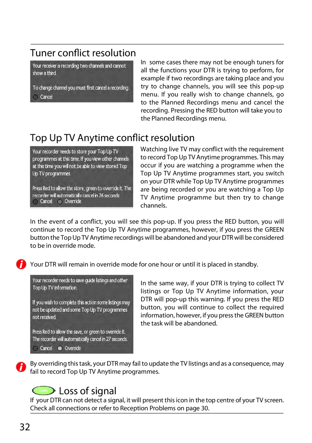 Sharp TU-TV322H operation manual Tuner conflict resolution, Top Up TV Anytime conflict resolution, Loss of signal 