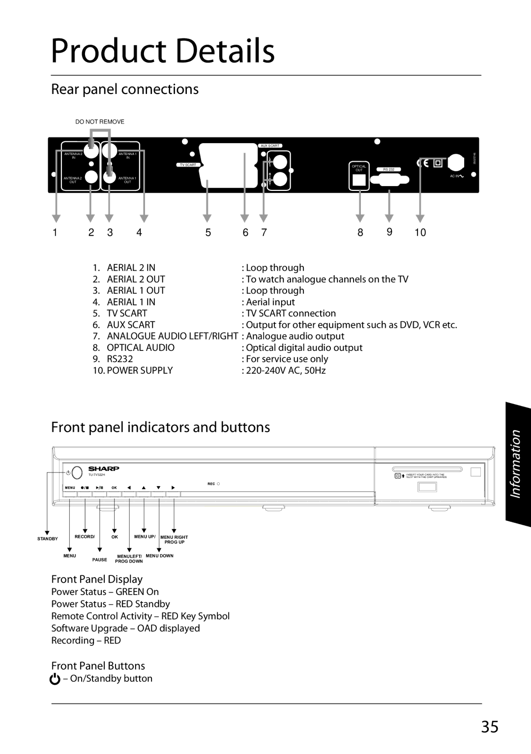 Sharp TU-TV322H operation manual Product Details, Rear panel connections, Front panel indicators and buttons 