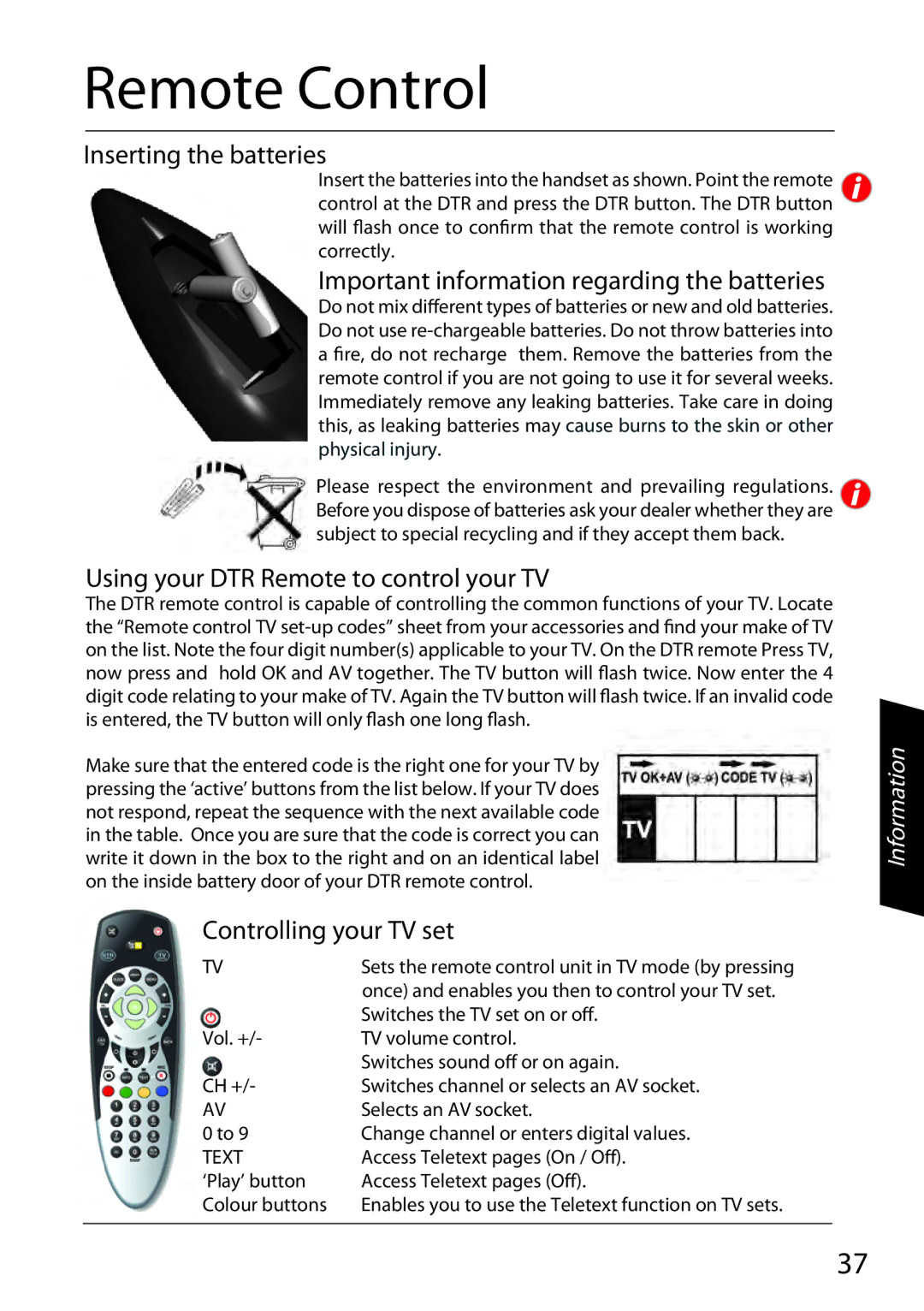 Sharp TU-TV322H operation manual Remote Control, Inserting the batteries, Important information regarding the batteries 