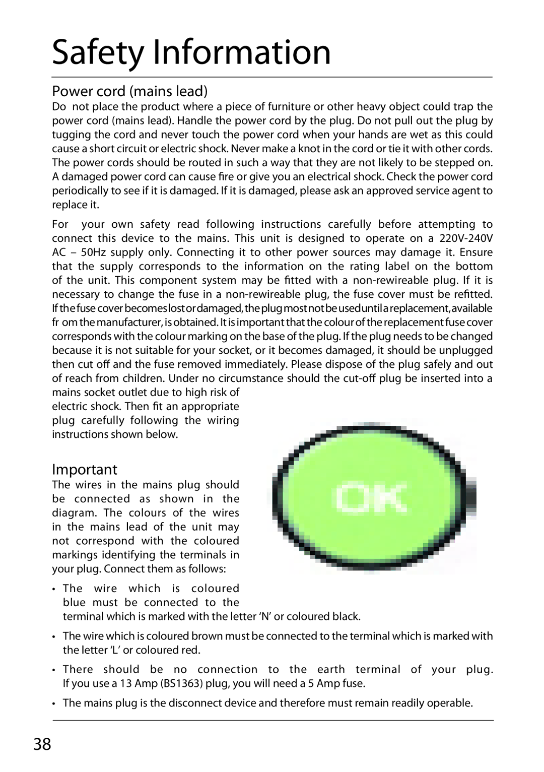 Sharp TU-TV322H operation manual Safety Information, Power cord mains lead 