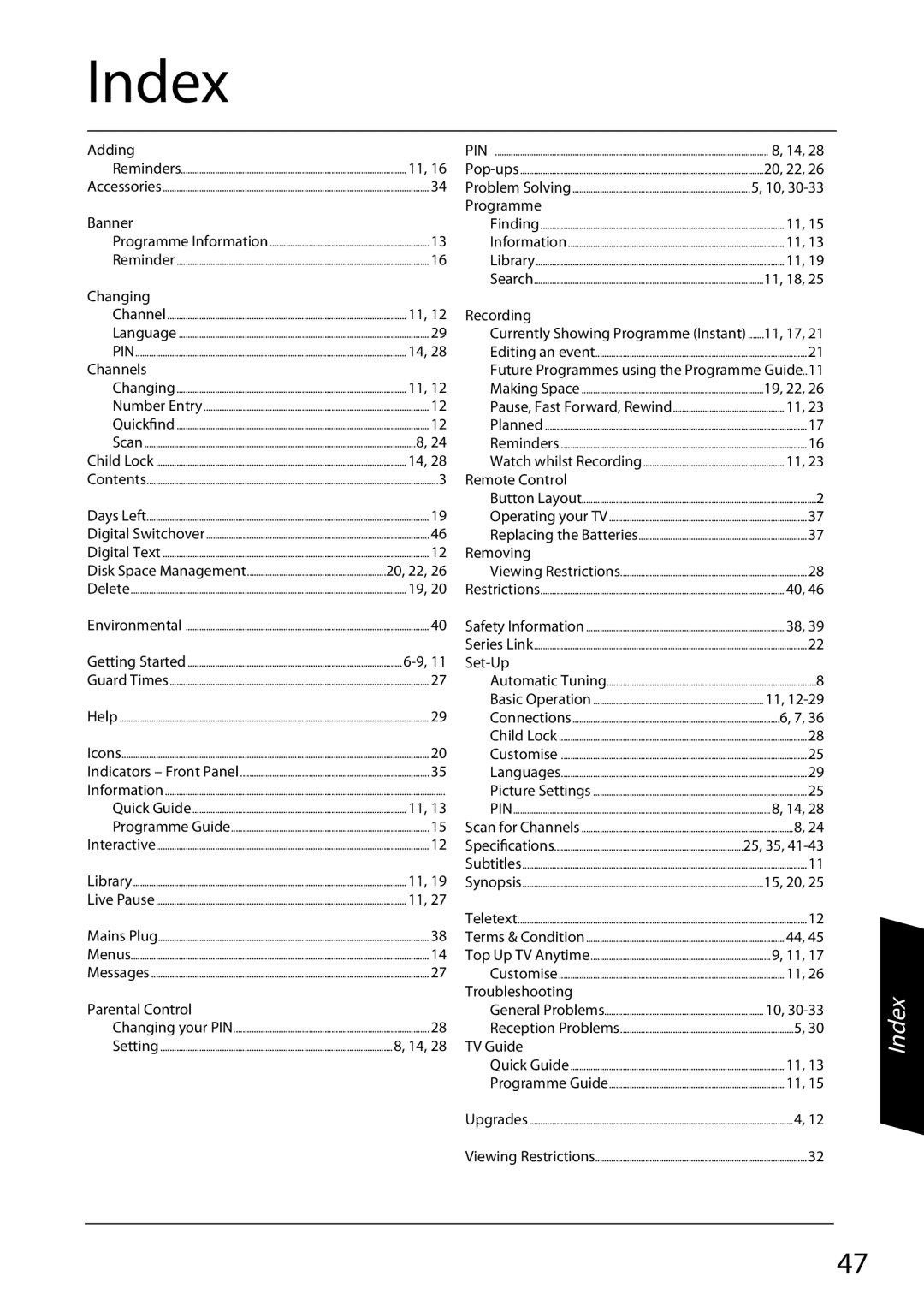 Sharp TU-TV322H operation manual Index, 19, 22 