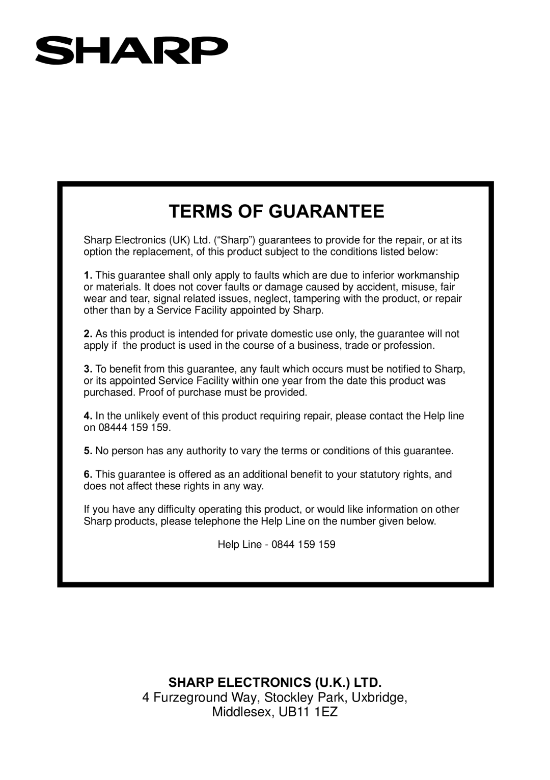 Sharp TU-TV322H operation manual Terms of Guarantee 