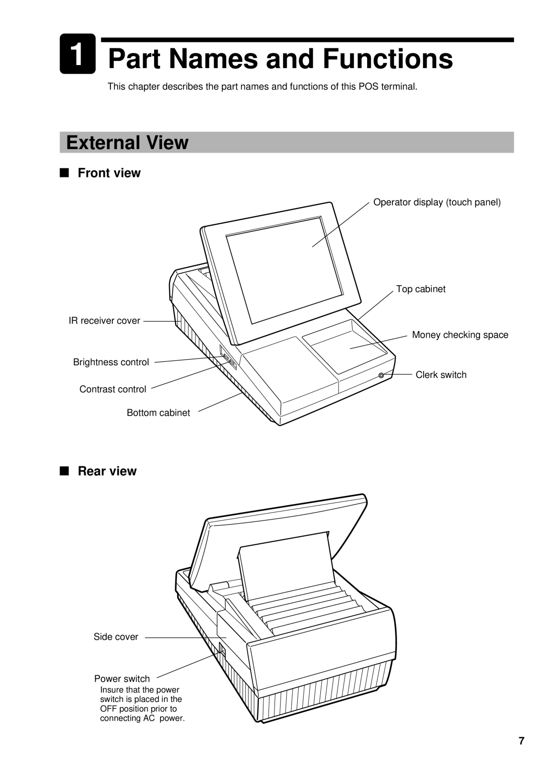 Sharp UP-3300 instruction manual Part Names and Functions, External View, Front view, Rear view 