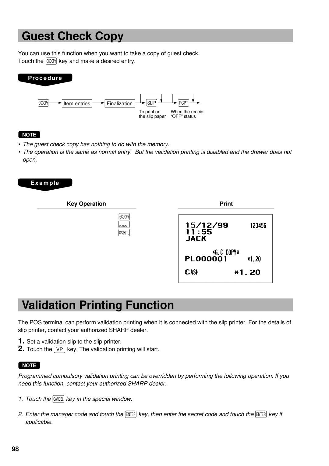 Sharp UP-3300 instruction manual Guest Check Copy, Validation Printing Function 