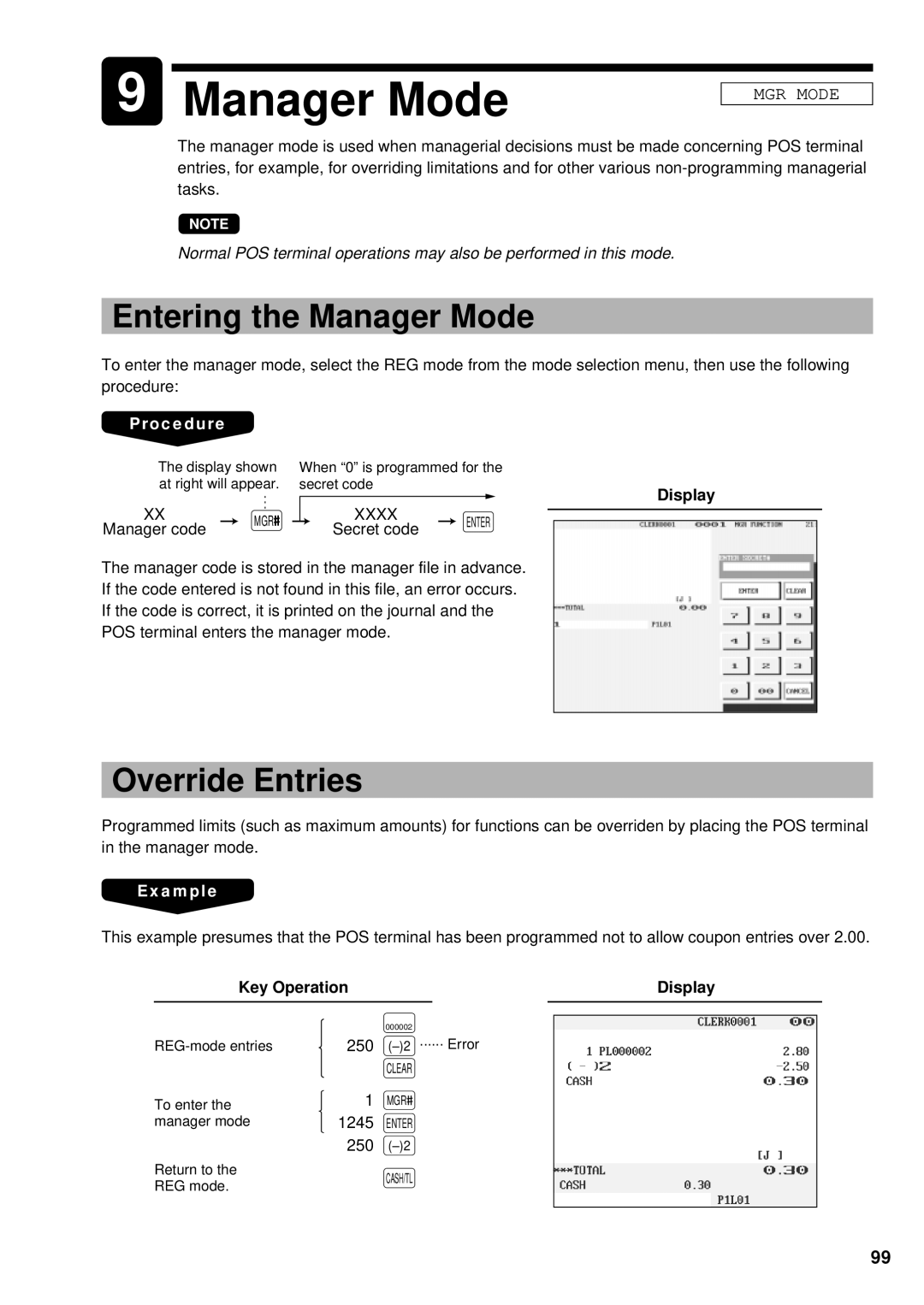 Sharp UP-3300 instruction manual Entering the Manager Mode, Override Entries 