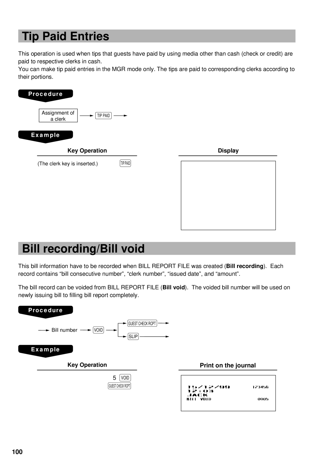 Sharp UP-3300 instruction manual Tip Paid Entries, Bill recording/Bill void, Urnal, 100, Key Operation Print o 