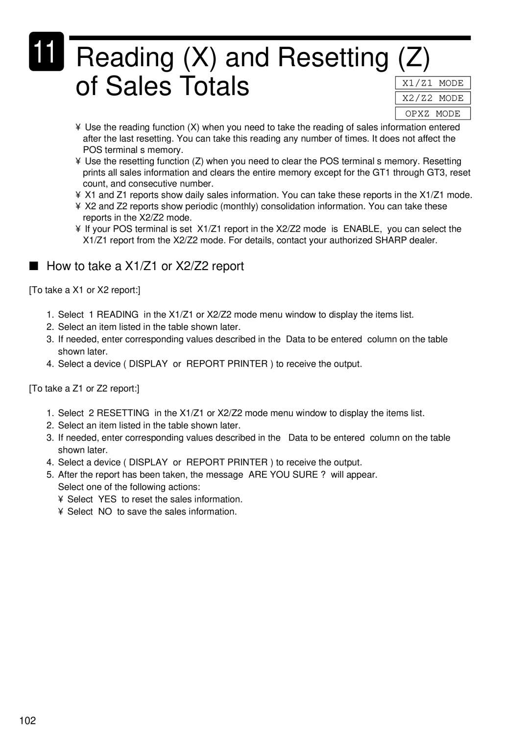 Sharp UP-3300 Reading X and Resetting Z Sales Totals, How to take a X1/Z1 or X2/Z2 report, 102, To take a X1 or X2 report 