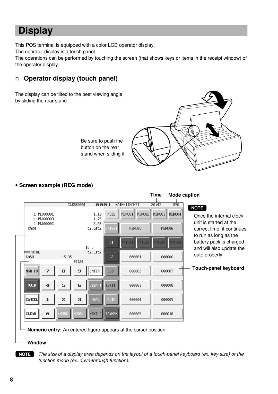 Sharp UP-3300 instruction manual Display, Operator display touch panel, ∙ Screen example REG mode 