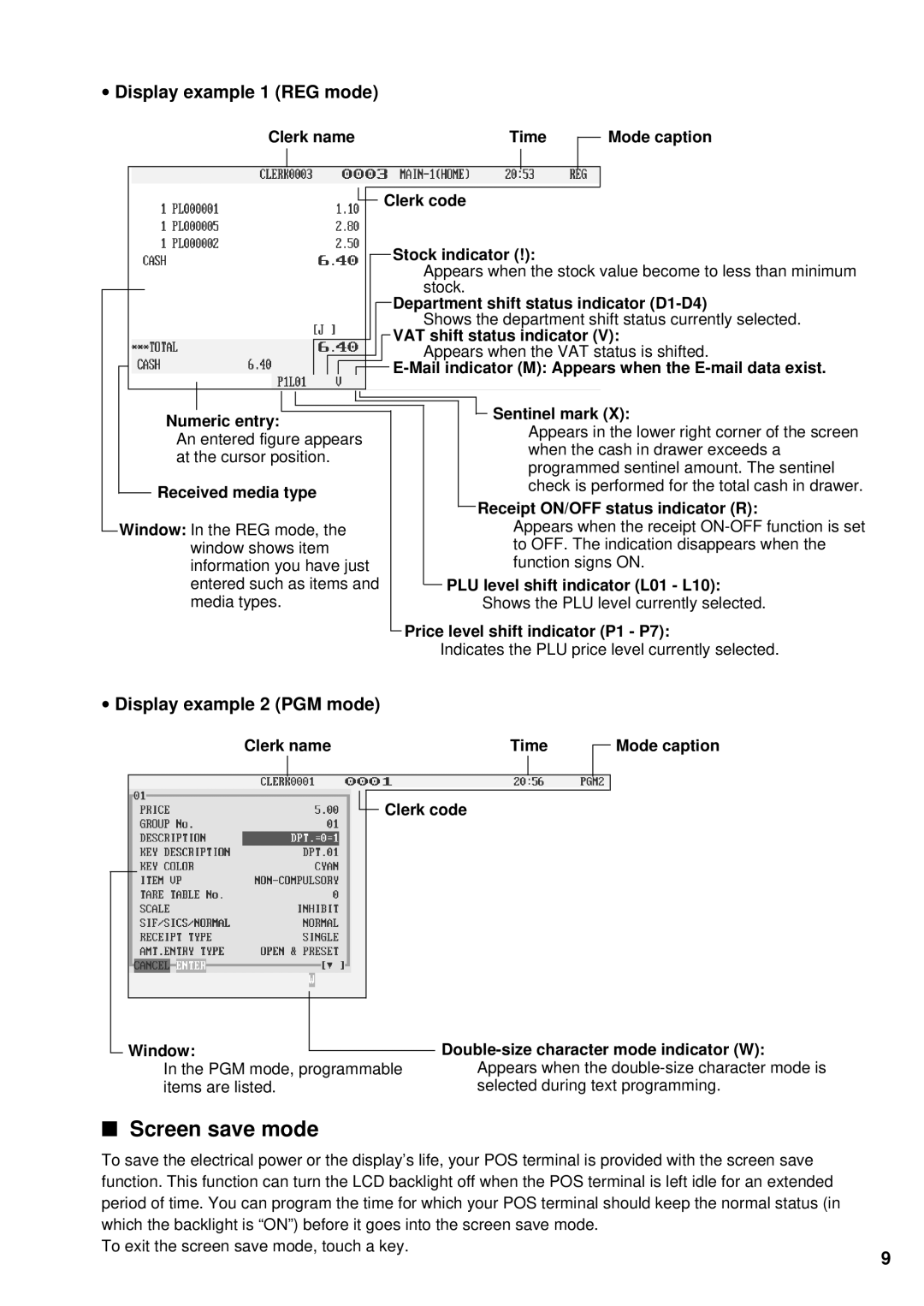 Sharp UP-3300 instruction manual Screen save mode, ∙ Display example 1 REG mode, ∙ Display example 2 PGM mode 