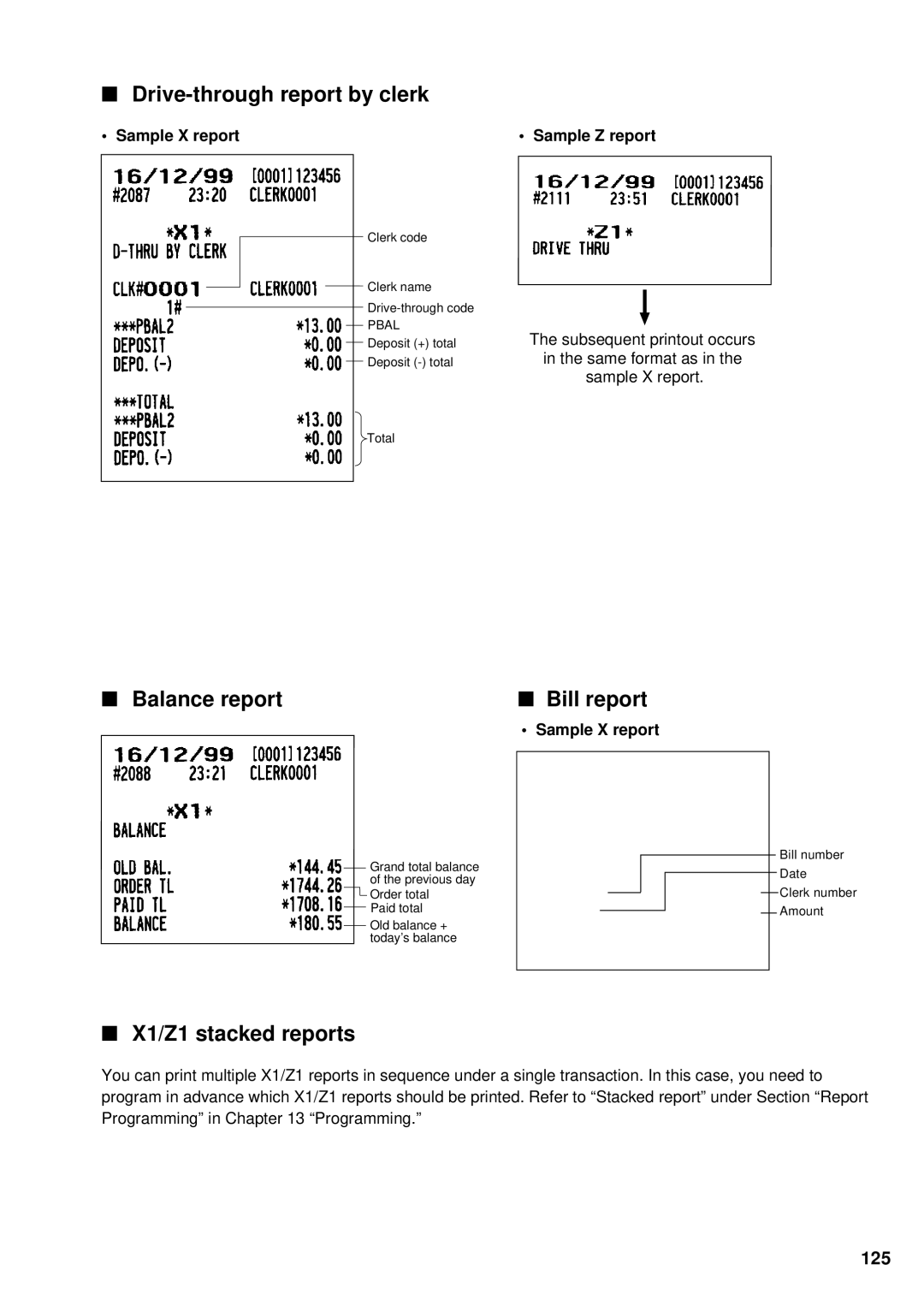 Sharp UP-3300 instruction manual Drive-through report by clerk, Balance report Bill report, X1/Z1 stacked reports, 125 