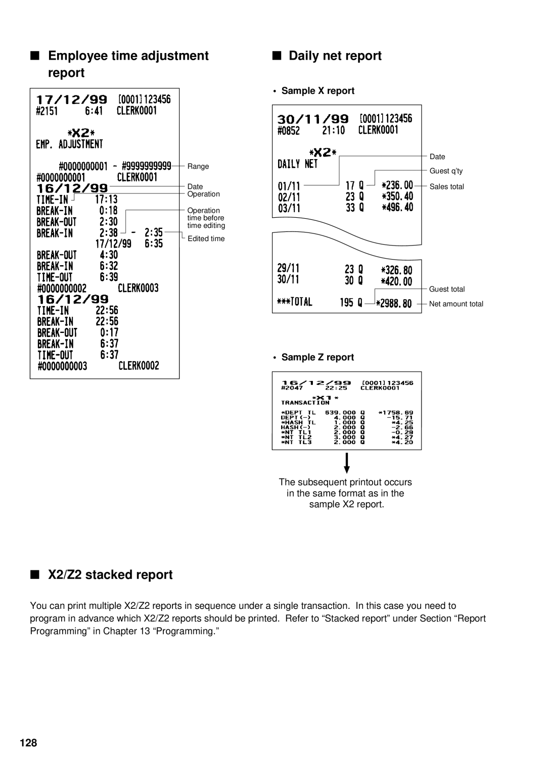 Sharp UP-3300 instruction manual Employee time adjustment Daily net report Report, X2/Z2 stacked report, 128 