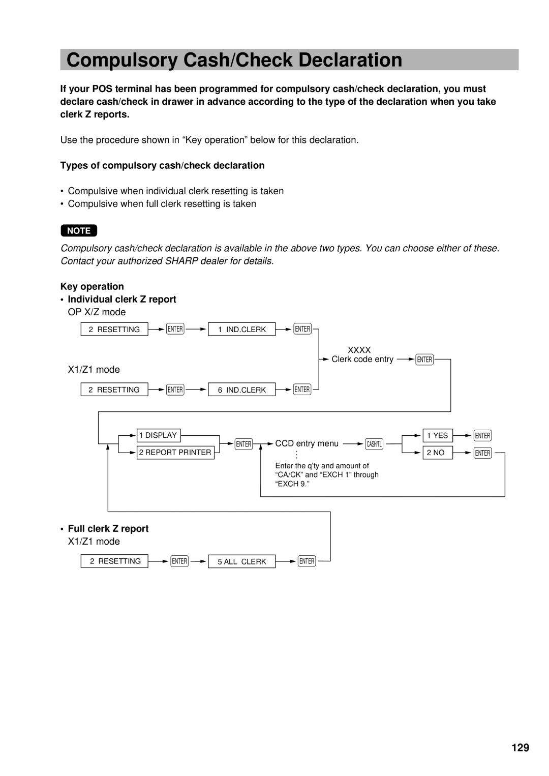 Sharp UP-3300 instruction manual Compulsory Cash/Check Declaration, 129, Types of compulsory cash/check declaration 