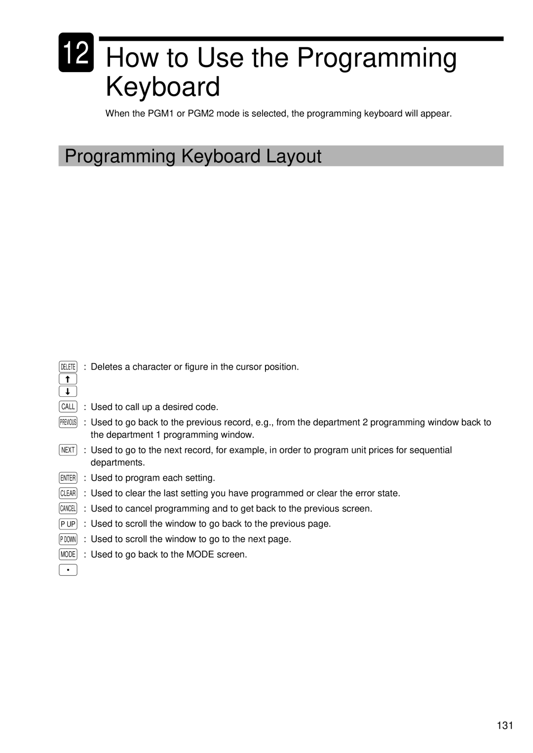 Sharp UP-3300 instruction manual How to Use the Programming Keyboard, Programming Keyboard Layout, 131 