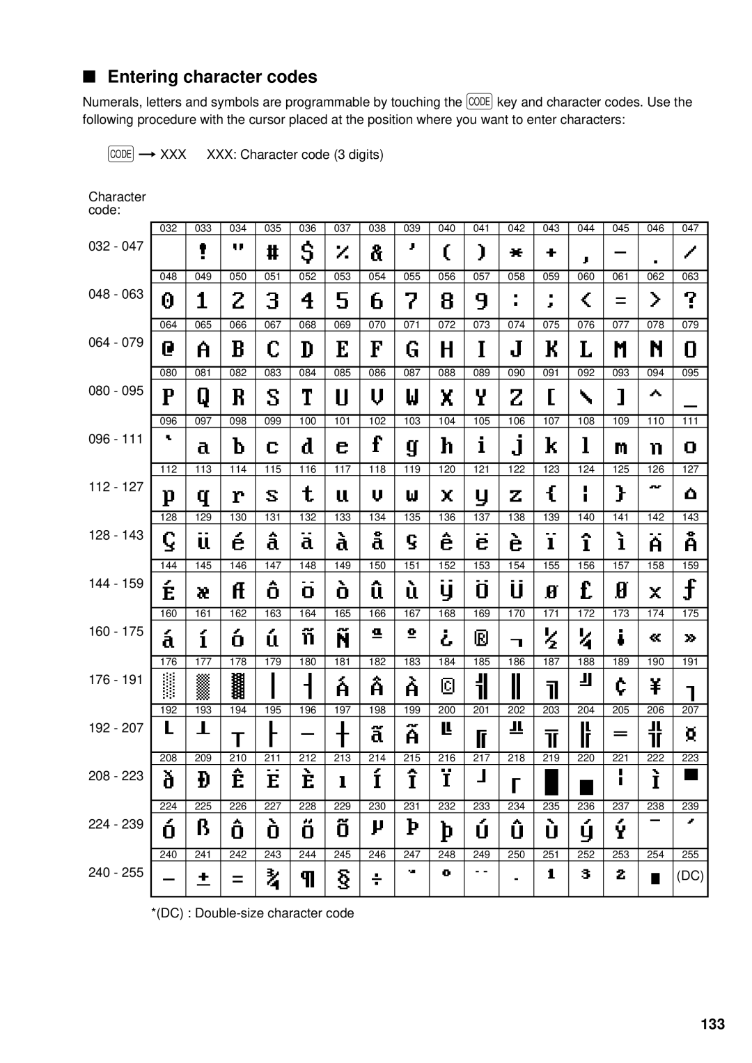 Sharp UP-3300 instruction manual Entering character codes, 133 