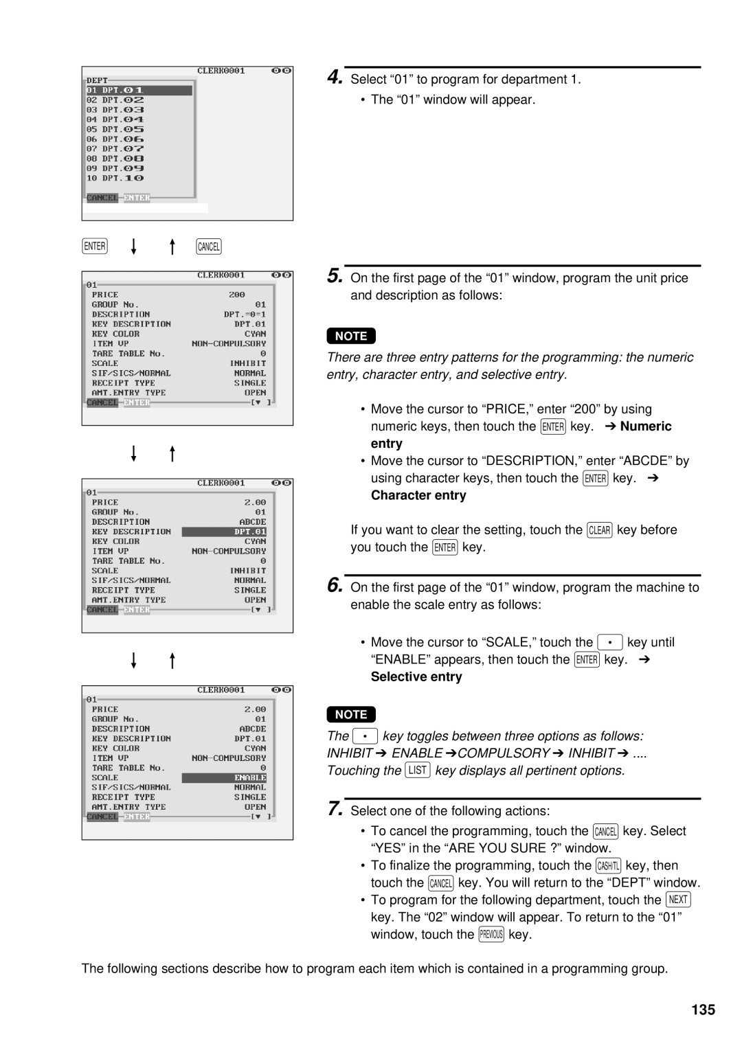 Sharp UP-3300 instruction manual 135, Character entry, Selective entry 