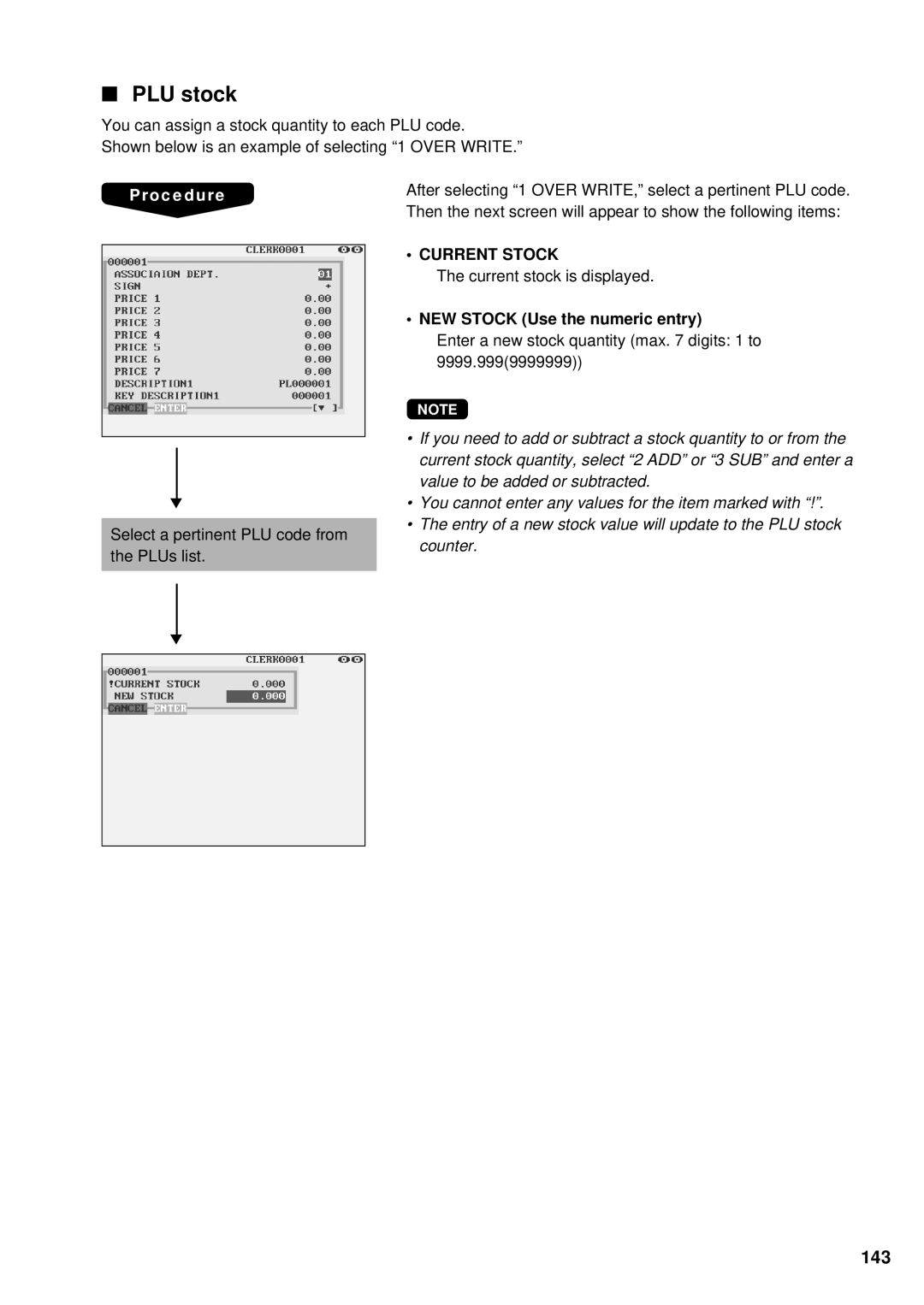 Sharp UP-3300 instruction manual PLU stock, 143, NEW Stock Use the numeric entry 