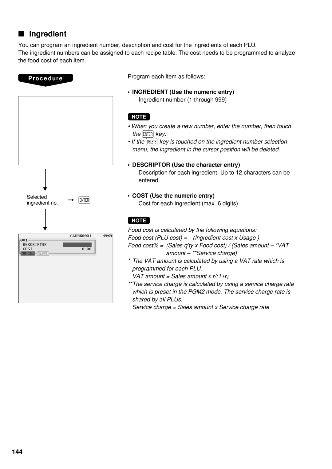 Sharp UP-3300 instruction manual Ingredient, 144, Descriptor Use the character entry, Cost Use the numeric entry 