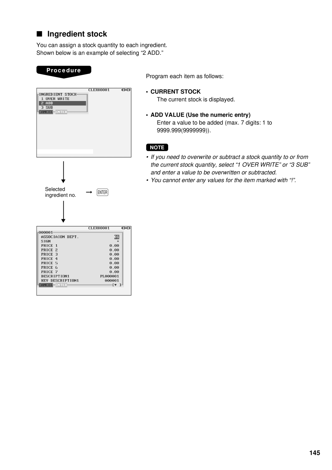 Sharp UP-3300 instruction manual Ingredient stock, 145, ADD Value Use the numeric entry 