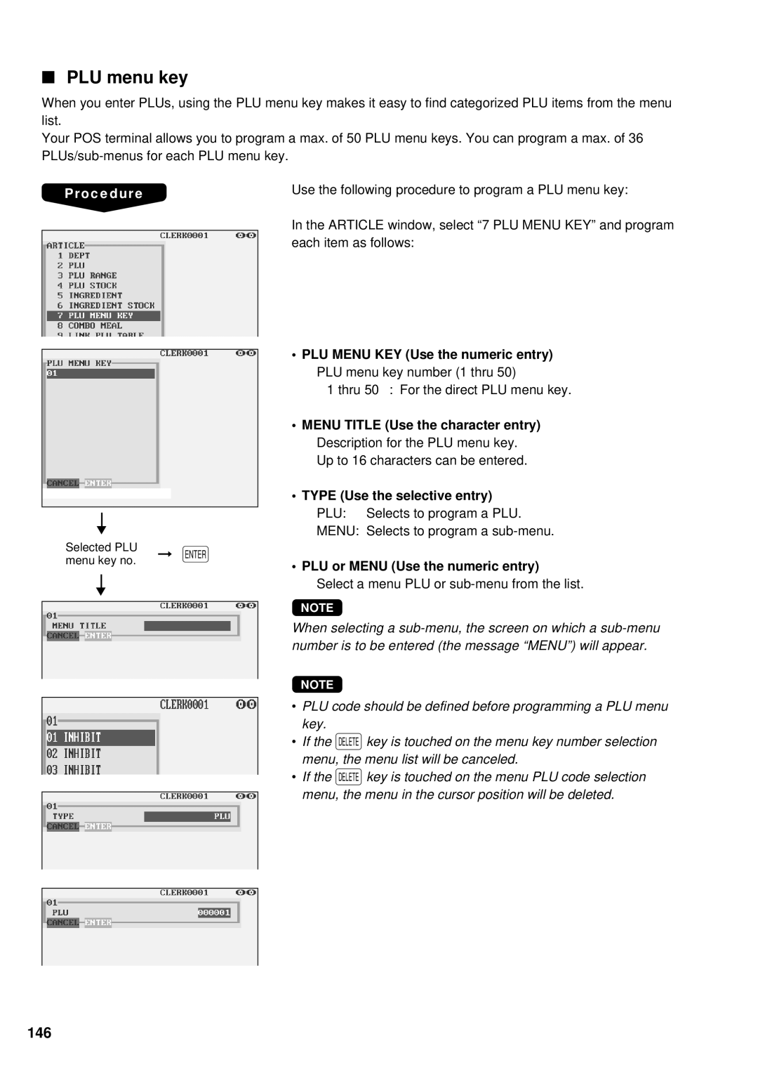 Sharp UP-3300 instruction manual PLU menu key, 146, Type Use the selective entry 