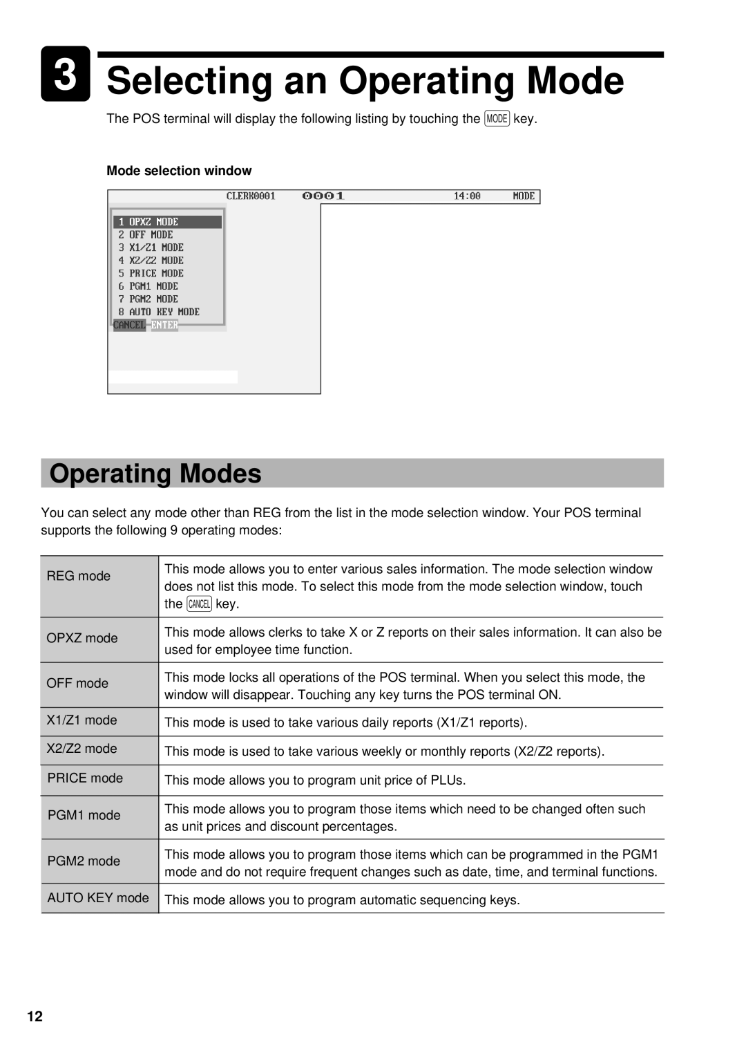 Sharp UP-3300 instruction manual Selecting an Operating Mode, Operating Modes, Mode selection window 