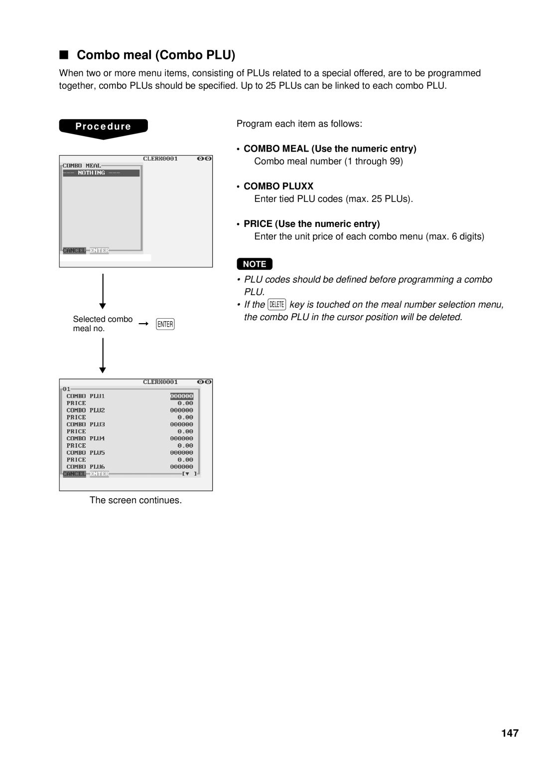 Sharp UP-3300 instruction manual Combo meal Combo PLU, 147, Price Use the numeric entry 