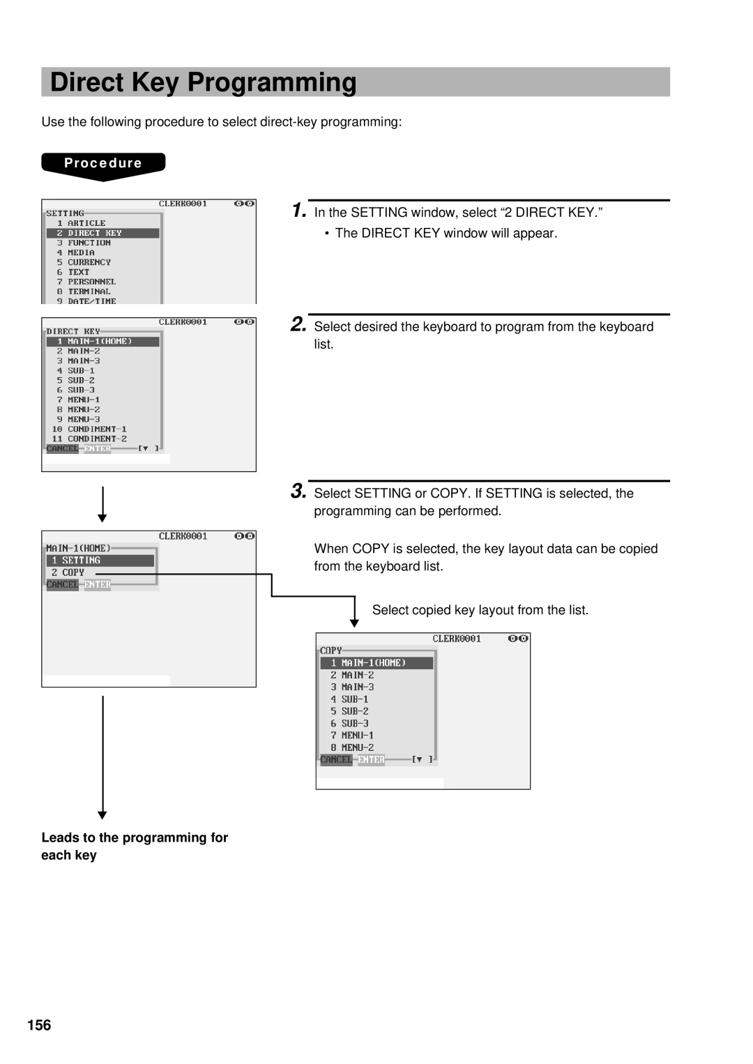 Sharp UP-3300 instruction manual Direct Key Programming, 156, Leads to the programming for each key 