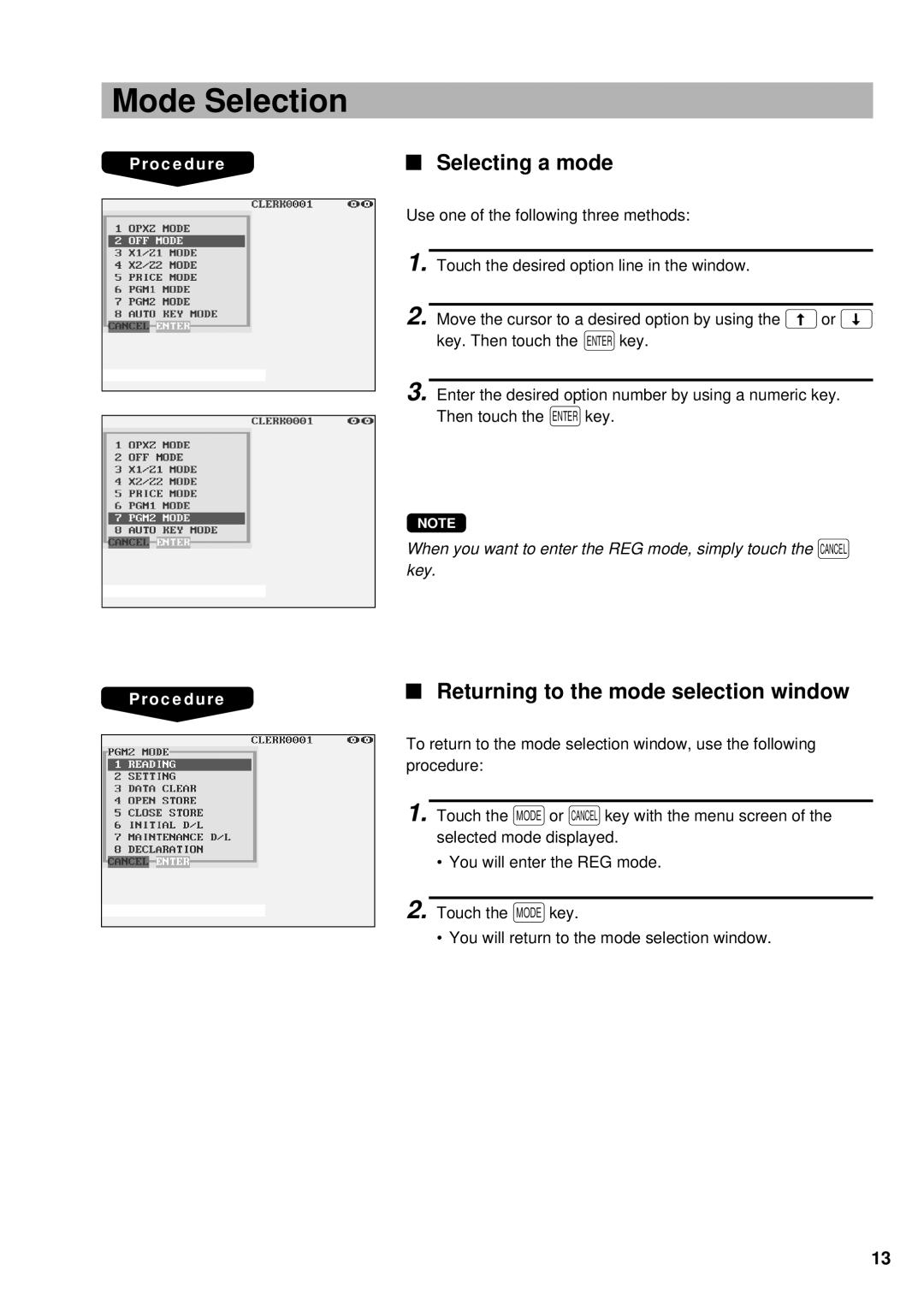 Sharp UP-3300 instruction manual Mode Selection, Selecting a mode, Returning to the mode selection window 