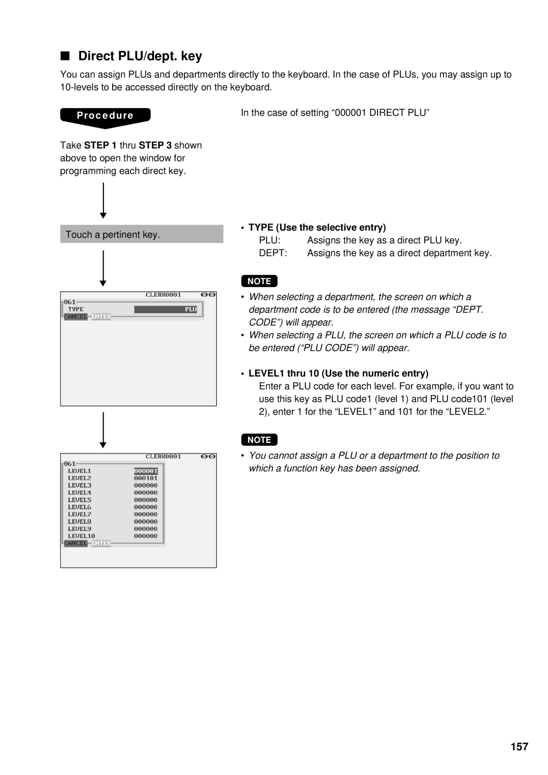 Sharp UP-3300 instruction manual Direct PLU/dept. key, 157, LEVEL1 thru 10 Use the numeric entry 