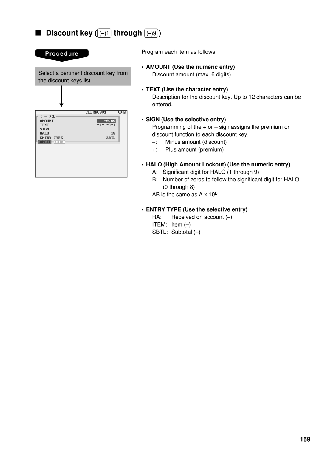 Sharp UP-3300 Discount key -1through, 159, Amount Use the numeric entry, Halo High Amount Lockout Use the numeric entry 