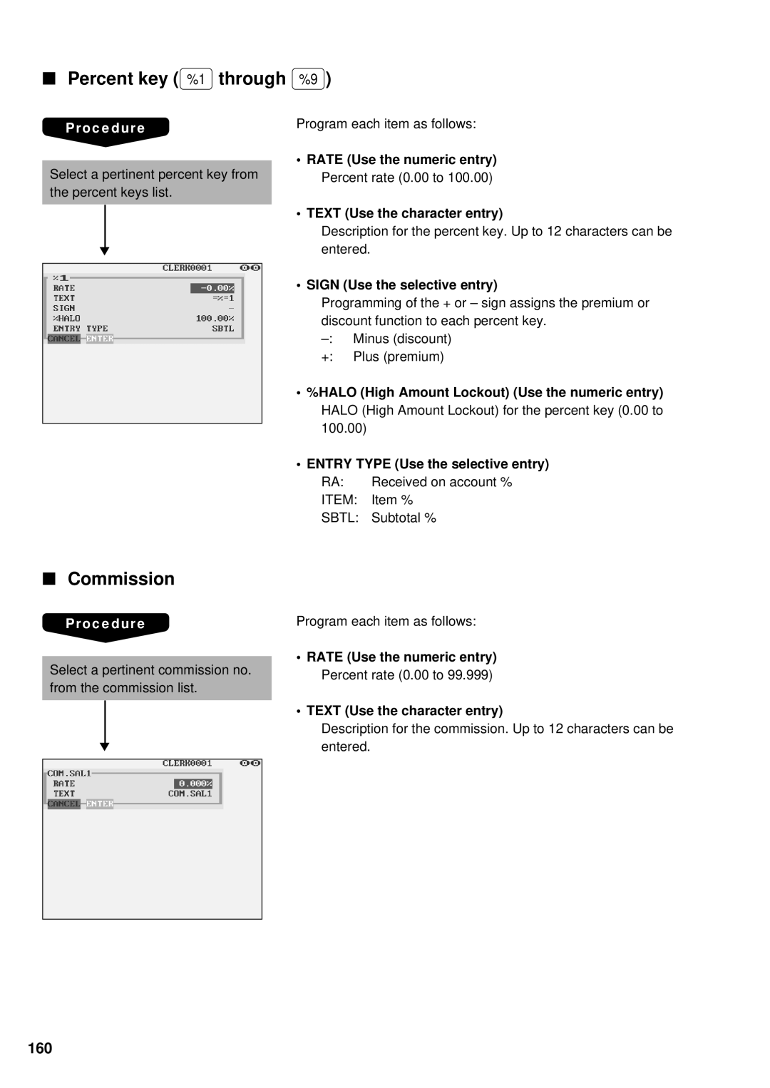 Sharp UP-3300 instruction manual Percent key %1 through %9, Commission, 160 