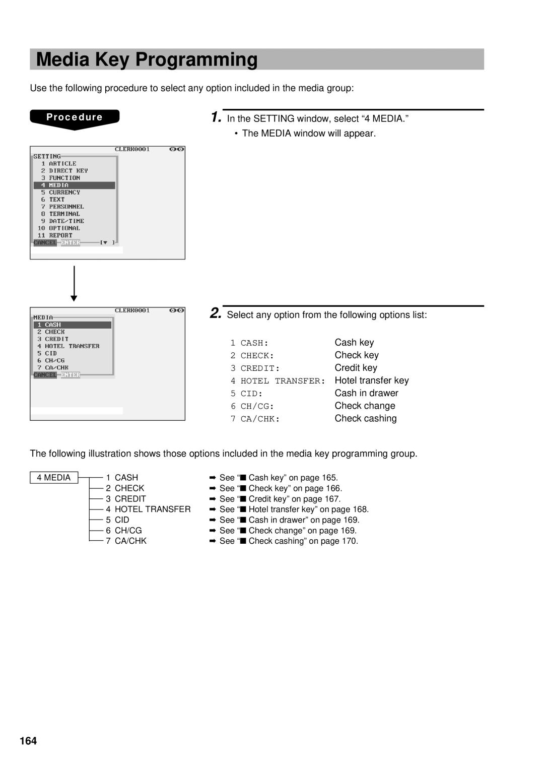 Sharp UP-3300 instruction manual Media Key Programming, 164 