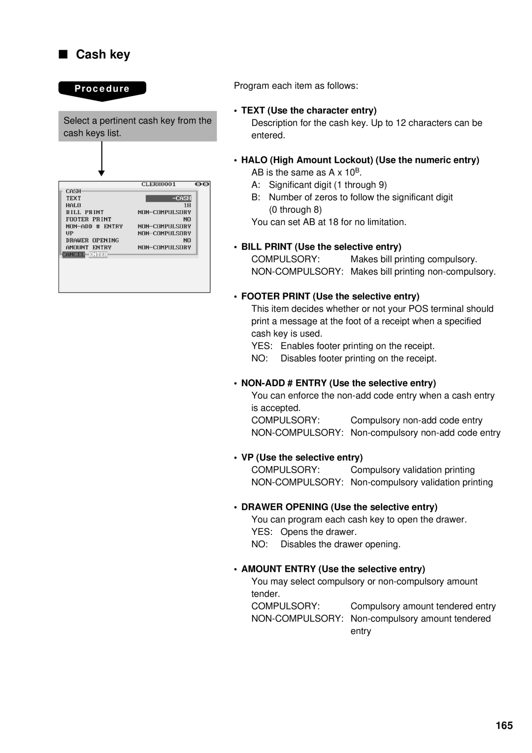 Sharp UP-3300 instruction manual Cash key, 165 