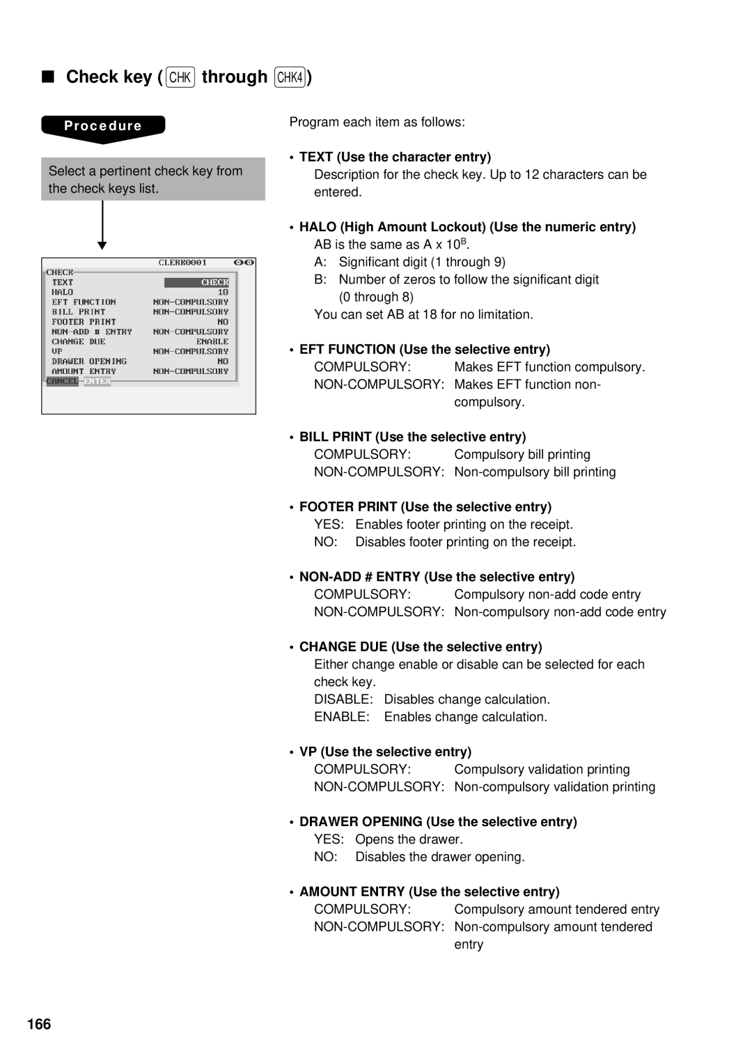 Sharp UP-3300 Check key CHK through, 166, EFT Function Use the selective entry, Change DUE Use the selective entry 