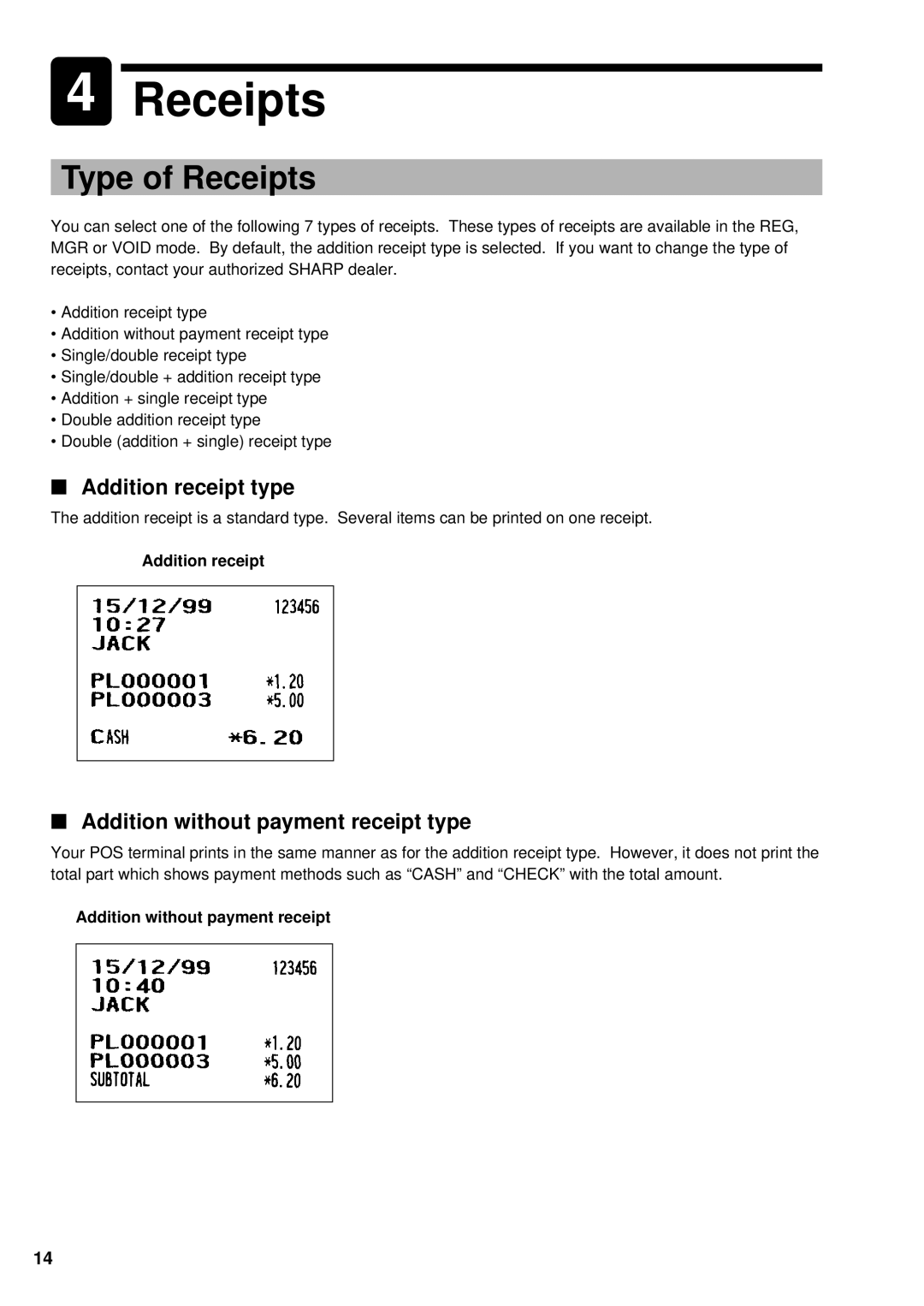 Sharp UP-3300 instruction manual Type of Receipts, Addition receipt type, Addition without payment receipt type 