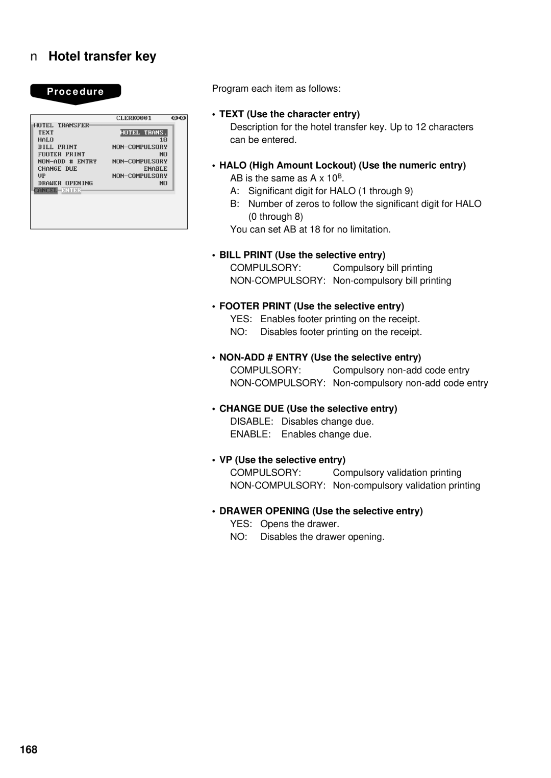 Sharp UP-3300 instruction manual Hotel transfer key, 168 