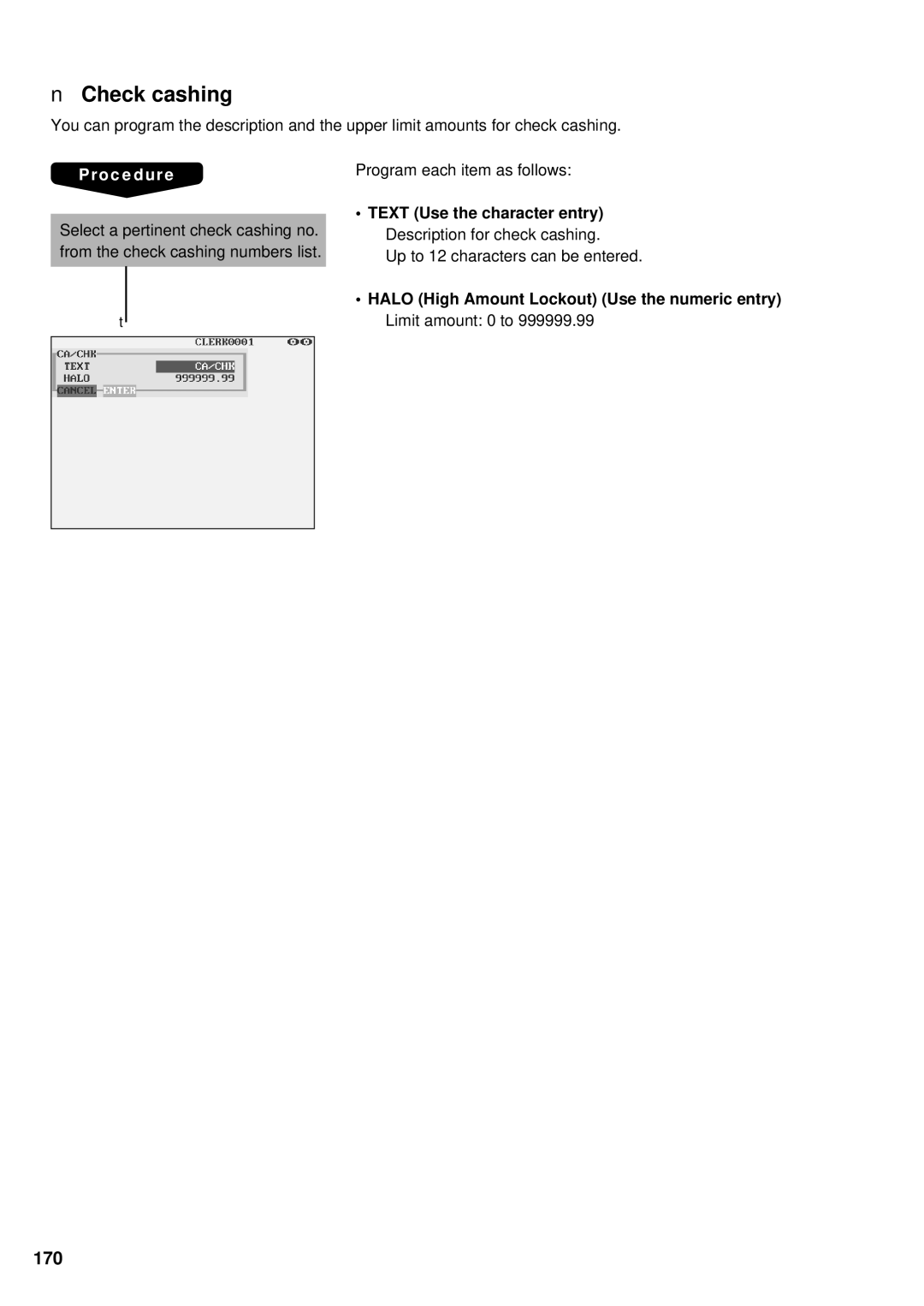 Sharp UP-3300 instruction manual Check cashing, 170, Text Use the character entry Description for check cashing 