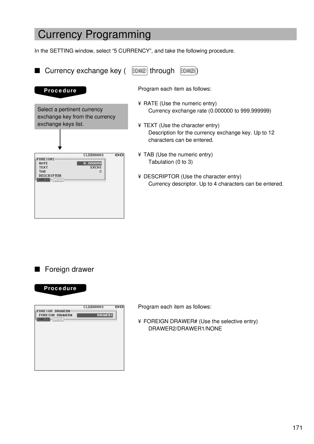 Sharp UP-3300 Currency Programming, Currency exchange key EXCHANGE1 through EXCHANGE9, Foreign drawer, 171 