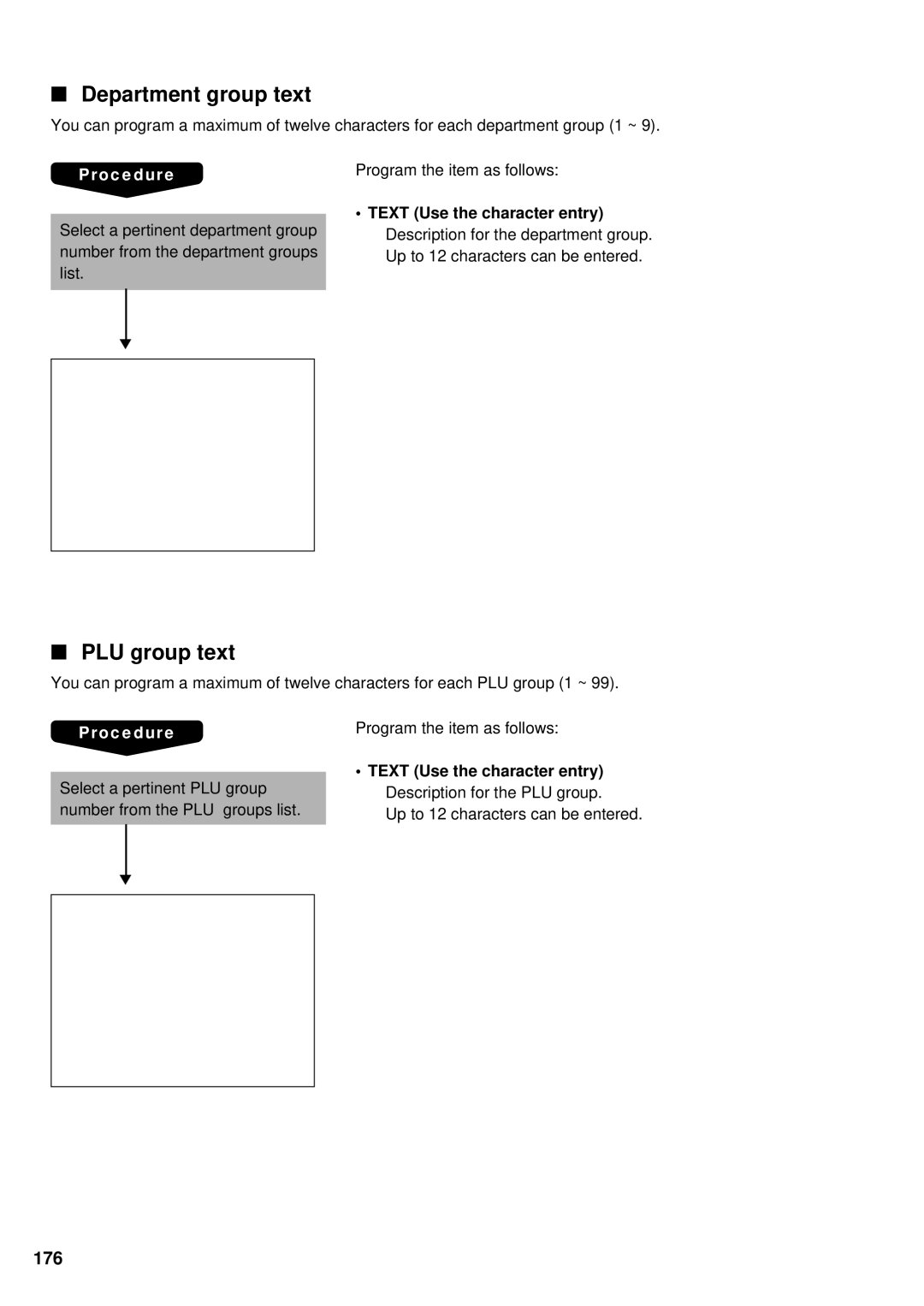 Sharp UP-3300 Department group text, PLU group text, 176, Text Use the character entry Description for the PLU group 