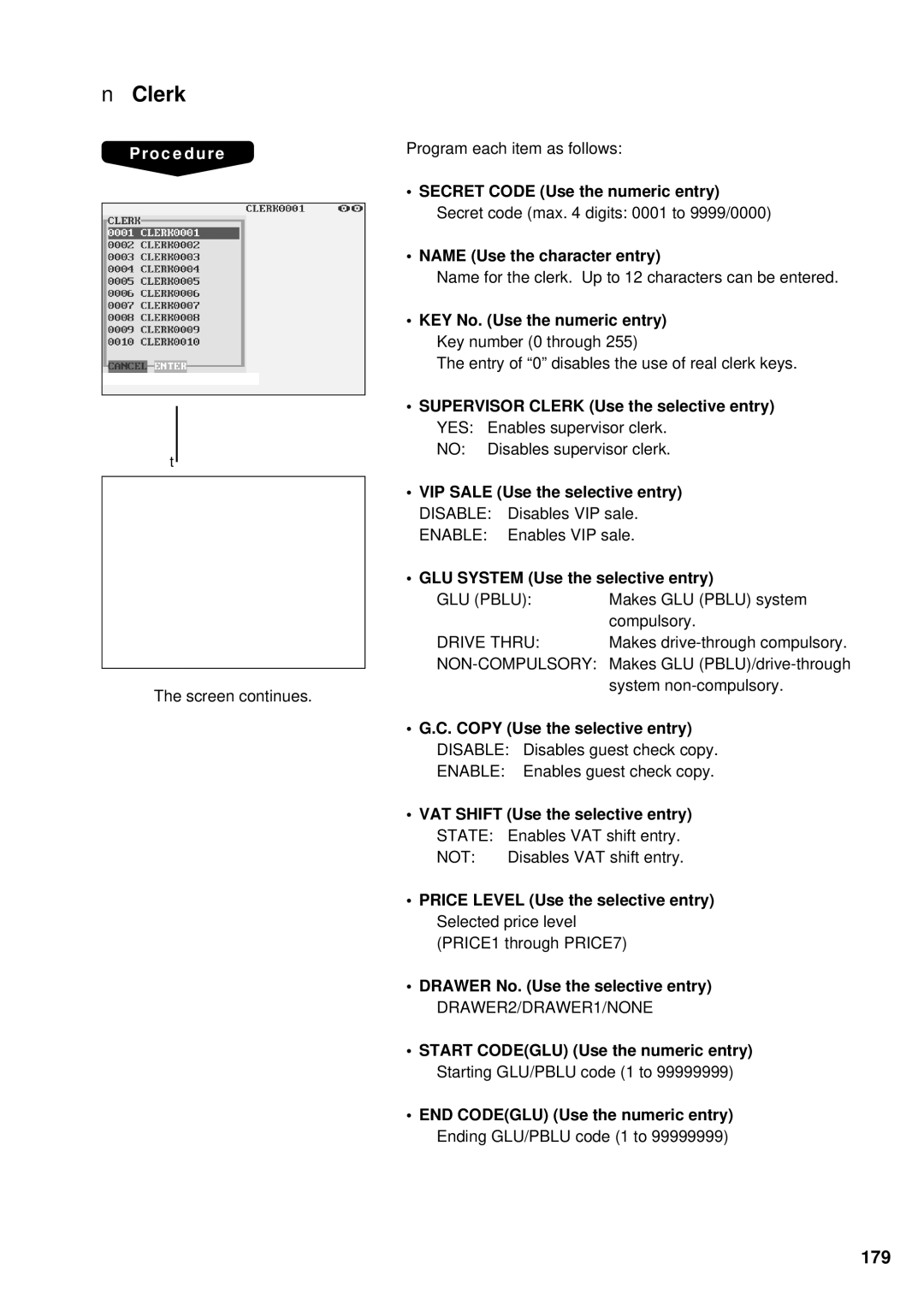 Sharp UP-3300 instruction manual Clerk, 179 