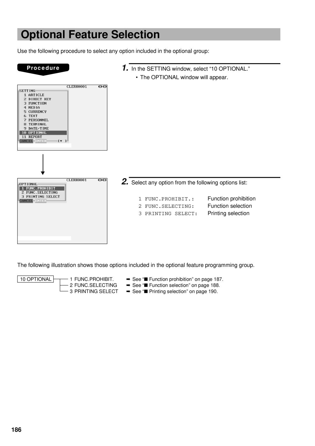 Sharp UP-3300 instruction manual Optional Feature Selection, 186 