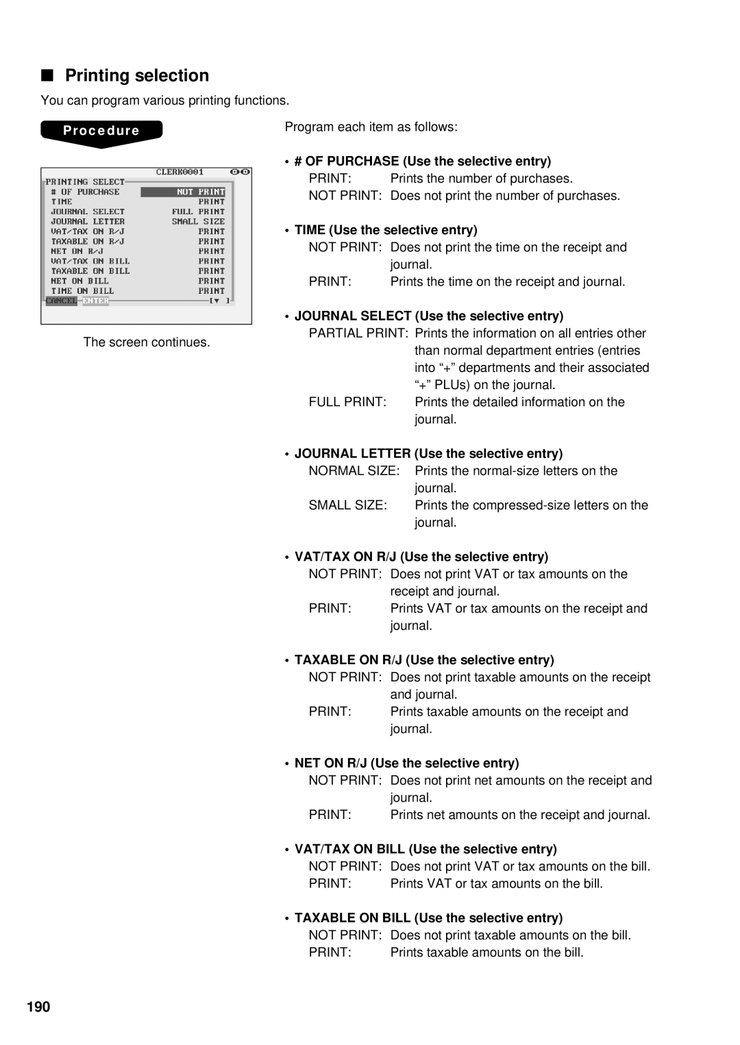 Sharp UP-3300 instruction manual Printing selection, 190 