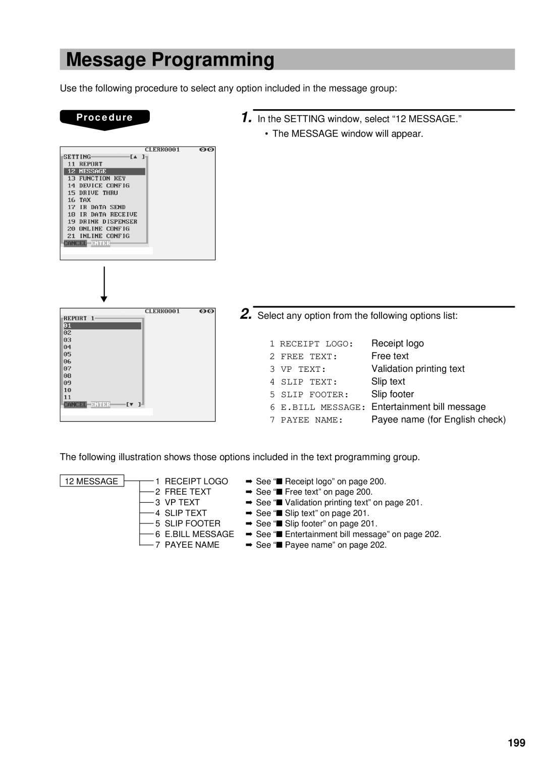 Sharp UP-3300 instruction manual Message Programming, 199 