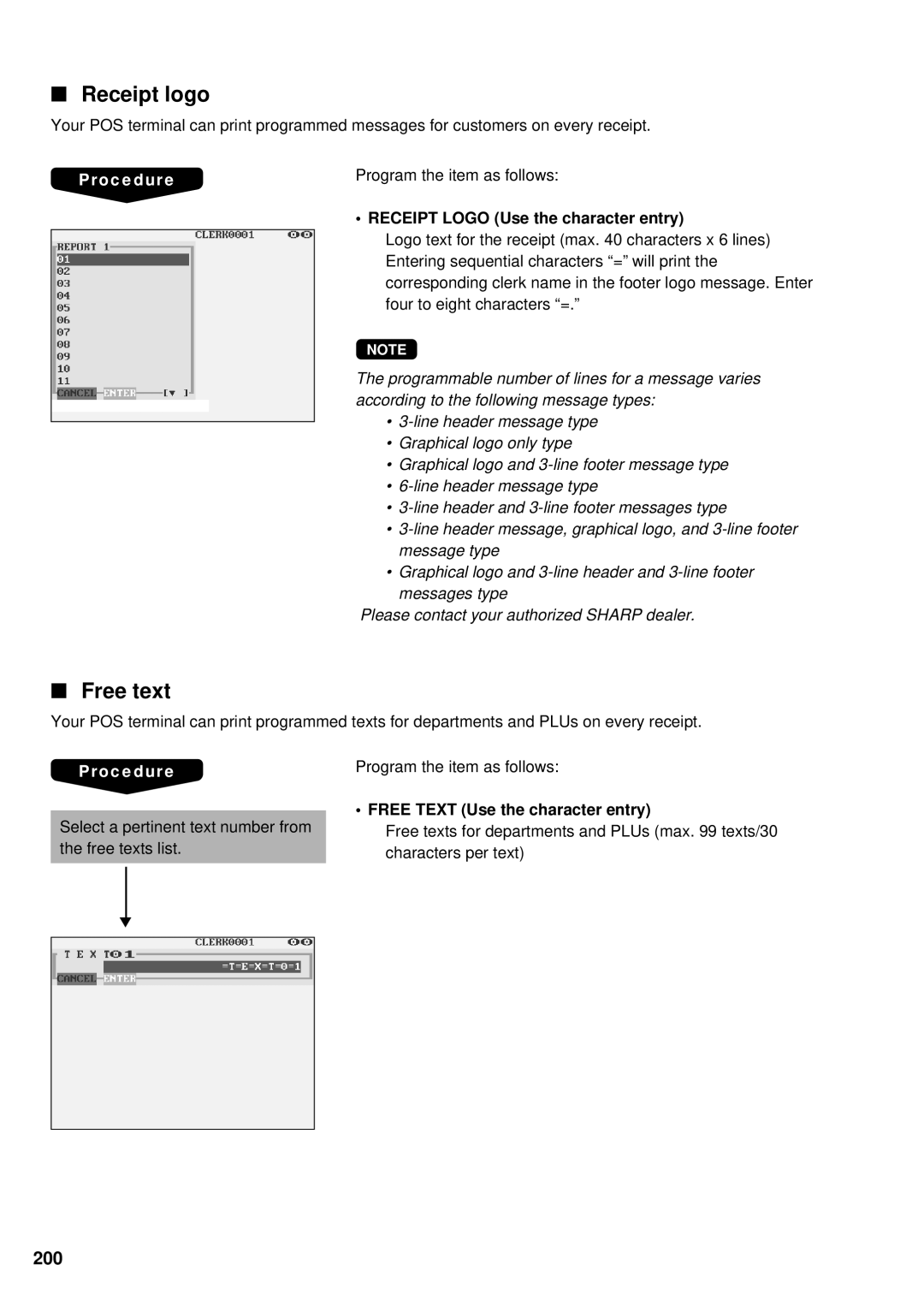 Sharp UP-3300 Receipt logo, Free text, 200, Receipt Logo Use the character entry, Free Text Use the character entry 