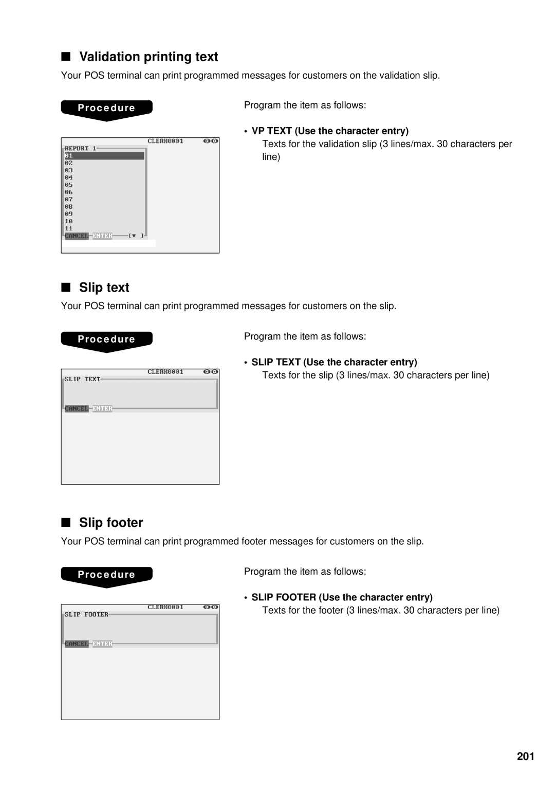 Sharp UP-3300 instruction manual Validation printing text, Slip text, Slip footer, 201 