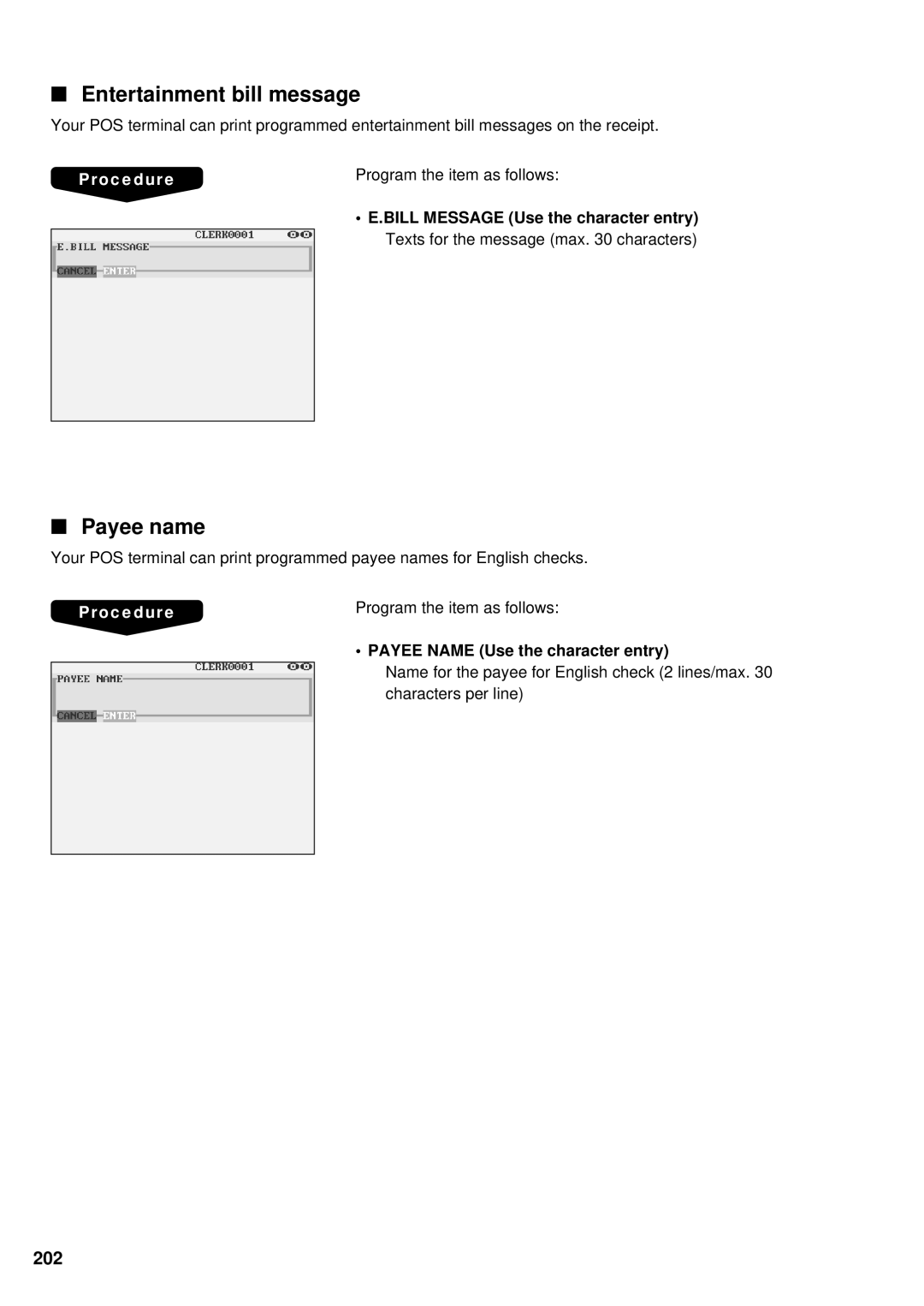 Sharp UP-3300 instruction manual Entertainment bill message, Payee name, 202, Payee Name Use the character entry 