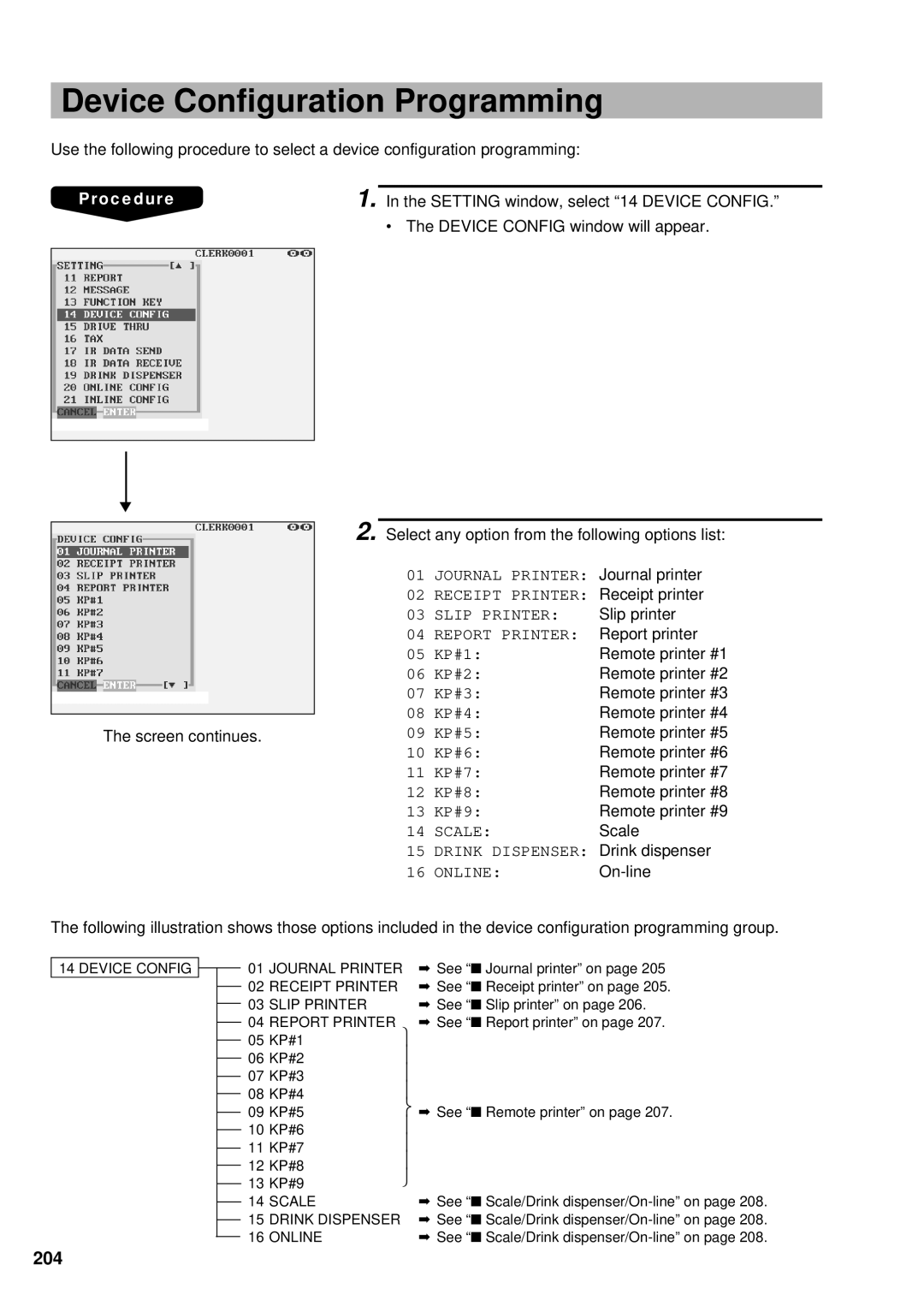 Sharp UP-3300 instruction manual Device Configuration Programming, 204 