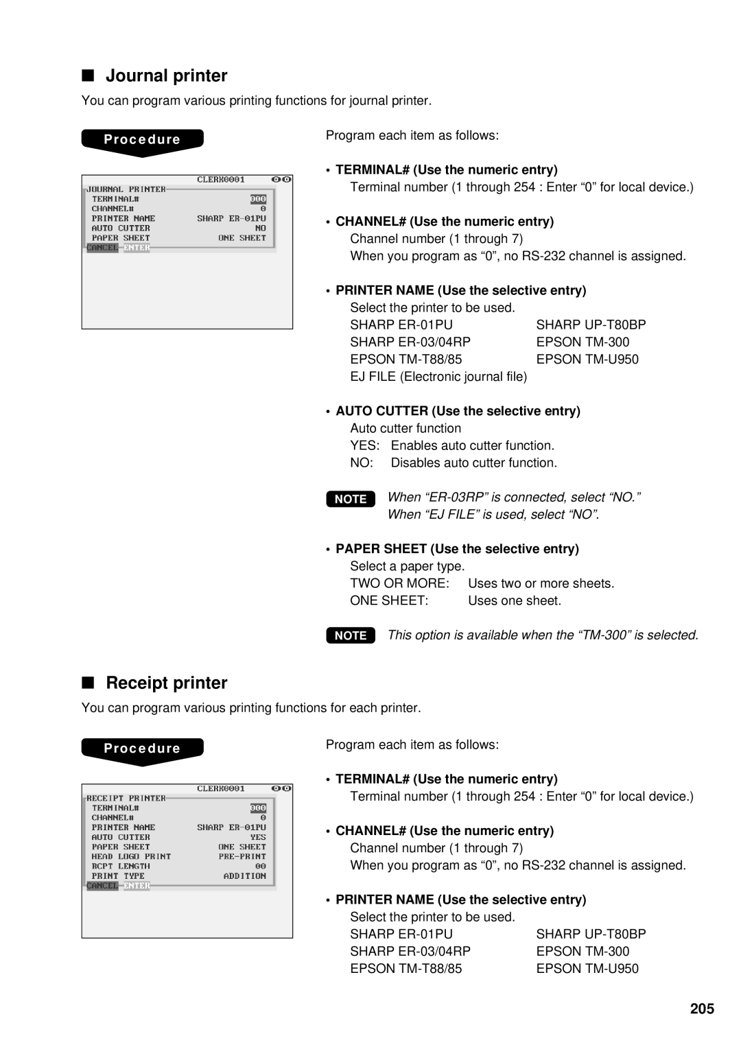 Sharp UP-3300 instruction manual Journal printer, Receipt printer, 205 