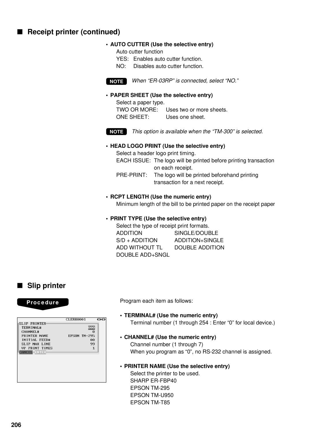 Sharp UP-3300 instruction manual Slip printer, 206, Rcpt Length Use the numeric entry 