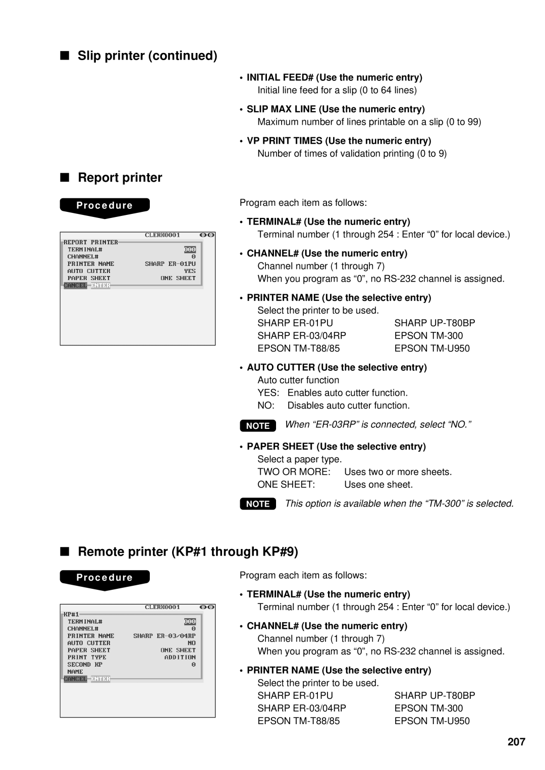 Sharp UP-3300 instruction manual Slip printer Report printer, Remote printer KP#1 through KP#9, 207 