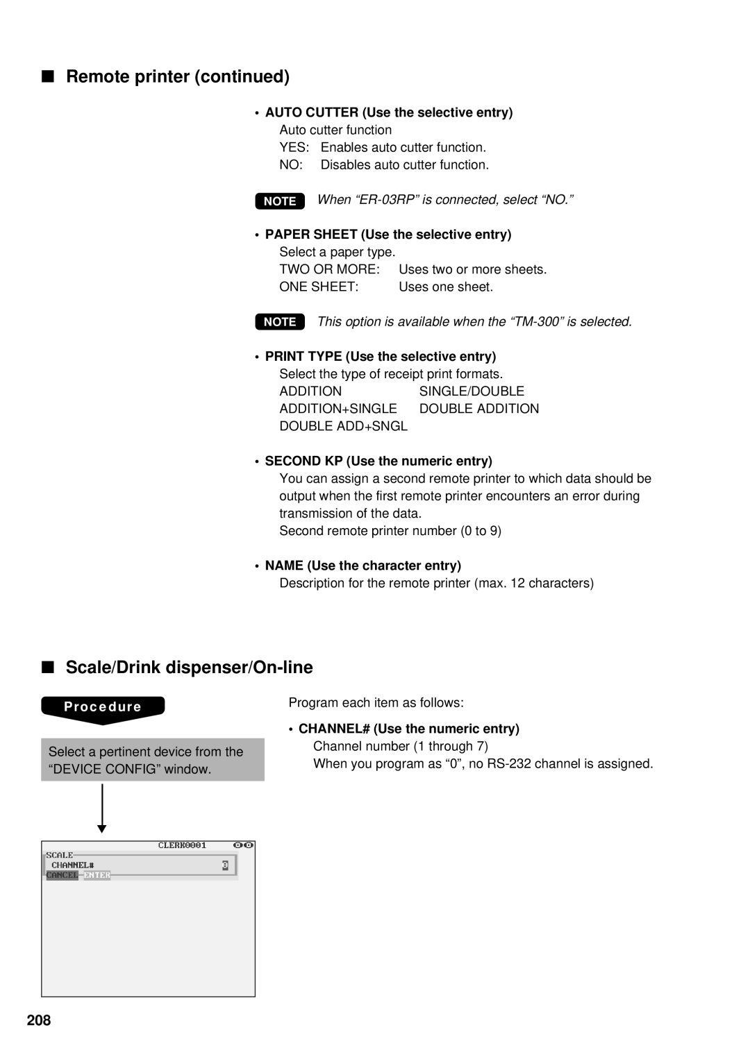 Sharp UP-3300 instruction manual Remote printer, Scale/Drink dispenser/On-line, 208, Second KP Use the numeric entry 